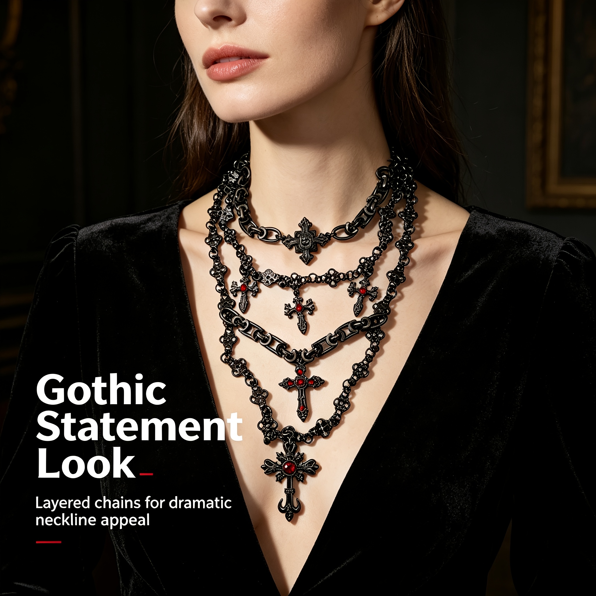 Women's Antique Black Gunmetal Multi-Layer Cross Necklace
